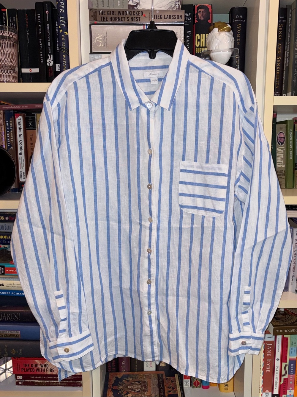 J. Jill Love Linen Blue White Striped Button Down Shirt